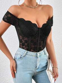Allurite Body de hombros descubiertos ribete en abanico con encaje - Negro - Ver 4