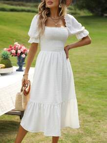 Breezaya 圓點方領抽褶細節泡泡袖荷葉邊連衣裙 - 白色 - 查看 4