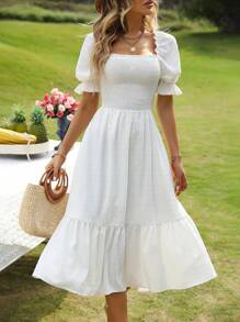 Breezaya 圓點方領抽褶細節泡泡袖荷葉邊連衣裙 - 白色 - 查看 6