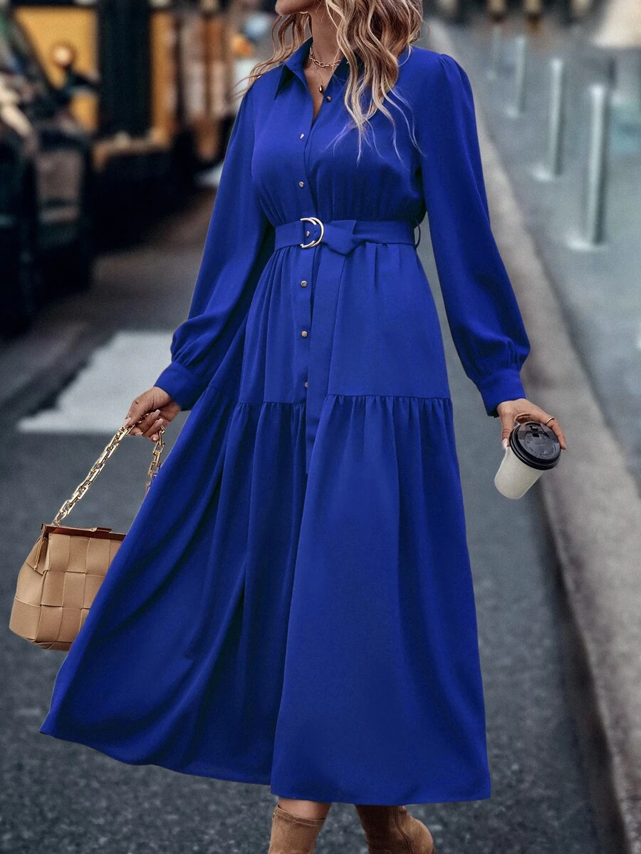 SHEIN Clasi Lantern Sleeve Ruffle Hem Belted Shirt Dress Maxi Women Outfit Fall Cloth For Women - Royal Blue - View 1