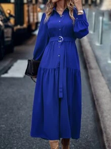 SHEIN Clasi Lantern Sleeve Ruffle Hem Belted Shirt Dress Maxi Women Outfit Fall Cloth For Women - Royal Blue - View 3