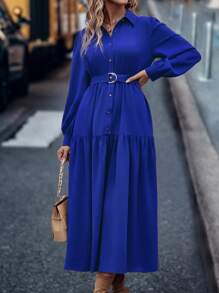 SHEIN Clasi Lantern Sleeve Ruffle Hem Belted Shirt Dress Maxi Women Outfit Fall Cloth For Women - Royal Blue - View 4