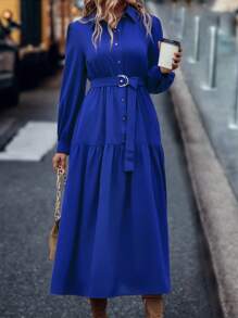SHEIN Clasi Lantern Sleeve Ruffle Hem Belted Shirt Dress Maxi Women Outfit Fall Cloth For Women - Royal Blue - View 6