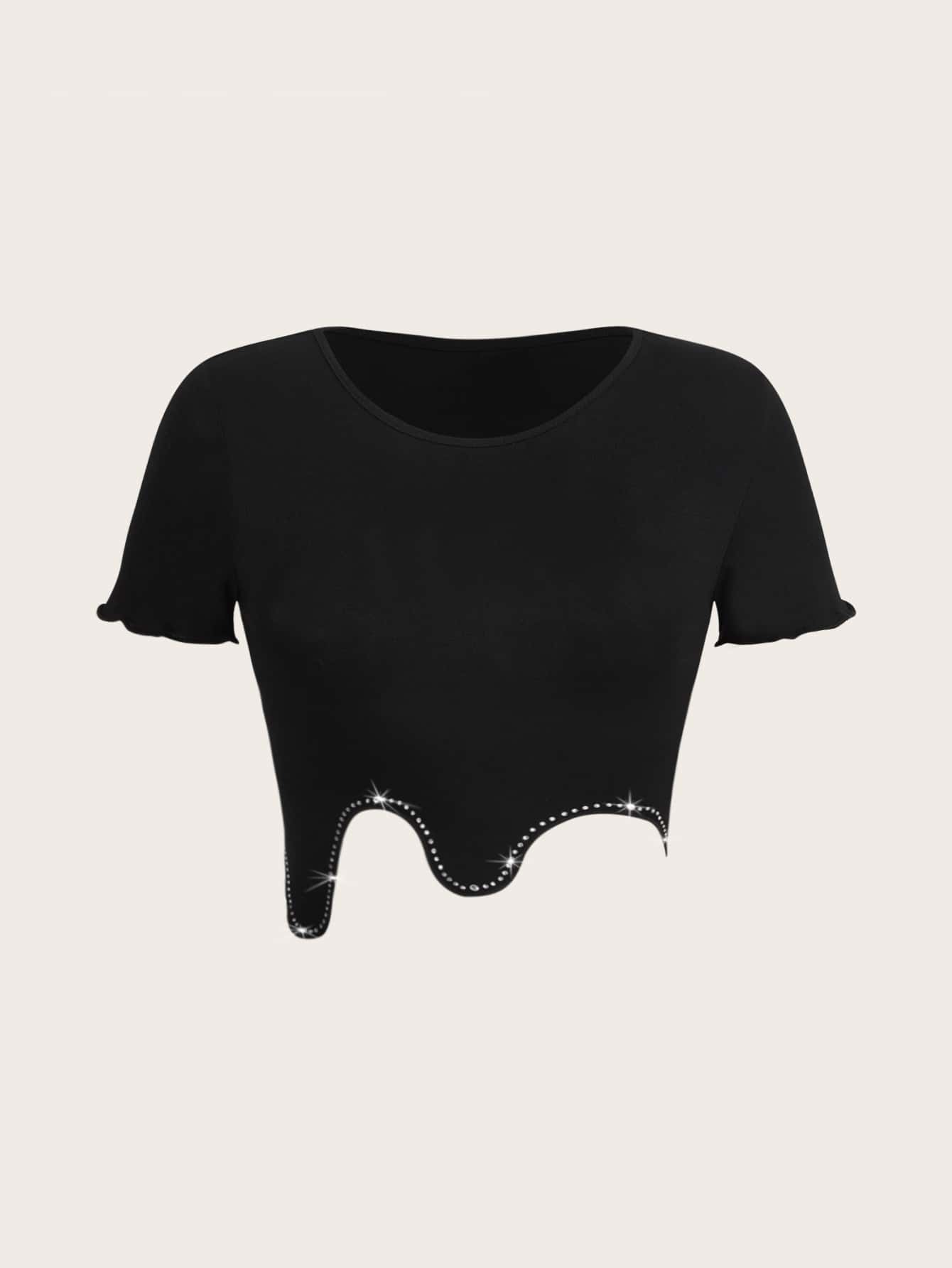 SHEIN ICON 西部風格牛仔女孩水鑽細節不對稱下擺短款T恤 - 黑色 - 查看 1
