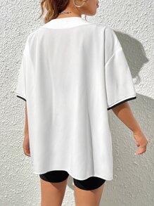SHEIN EZwear Letter Graphic Contrast Binding Drop Shoulder Blouse - White - View 2