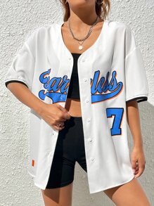 SHEIN EZwear Letter Graphic Contrast Binding Drop Shoulder Blouse - White - View 3