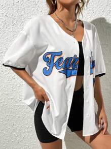 SHEIN EZwear Letter Graphic Contrast Binding Drop Shoulder Blouse - White - View 6