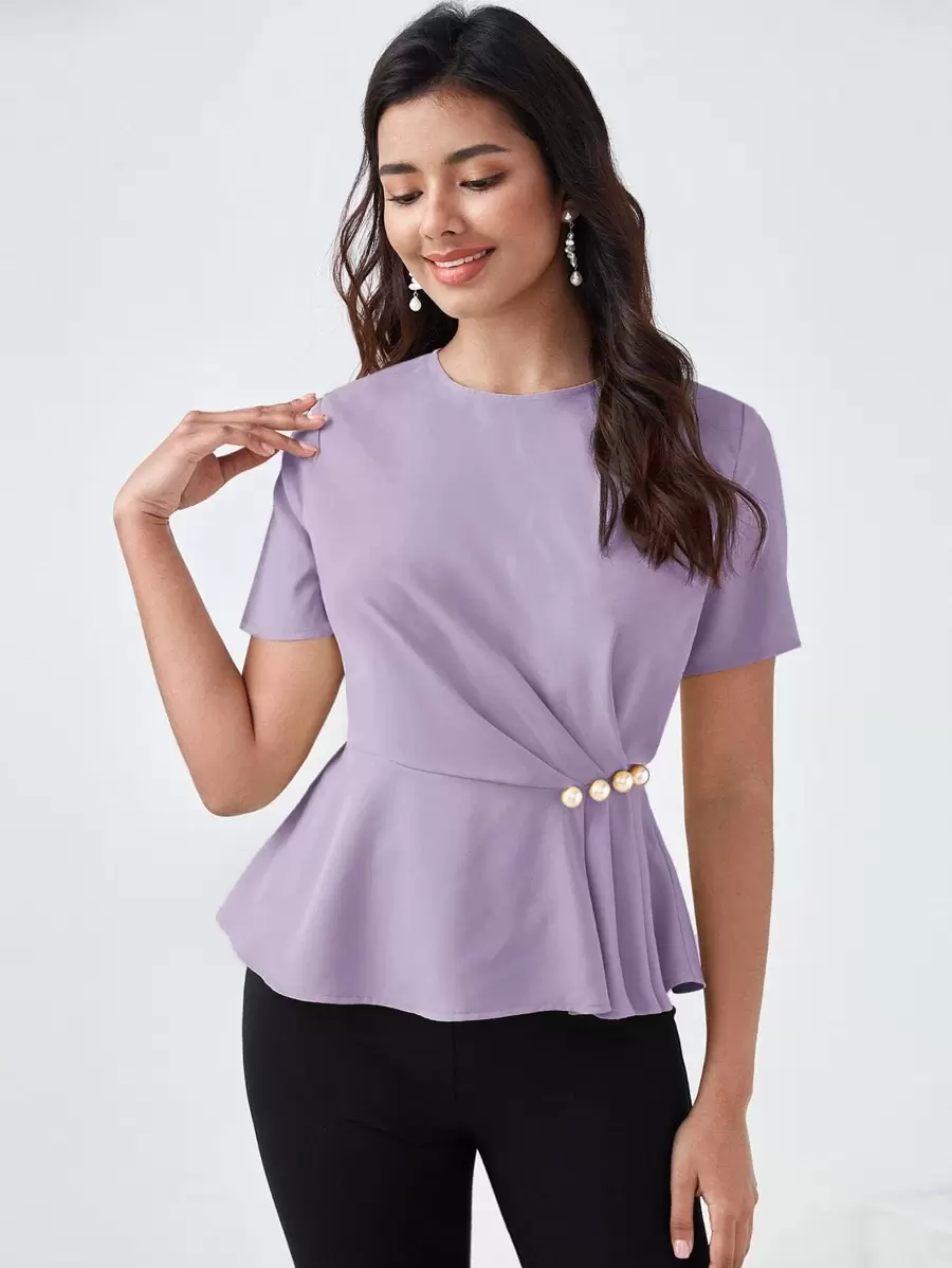 BizChic Solid Pearls Beaded Plicated Top Workwear - Lilac Purple - View 1