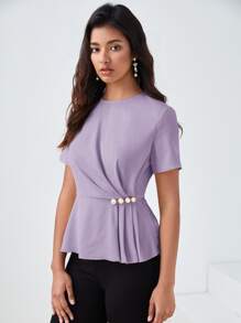 BizChic Solid Pearls Beaded Plicated Top Workwear - Lilac Purple - View 4