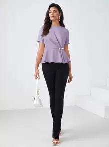 BizChic Solid Pearls Beaded Plicated Top Workwear - Lilac Purple - View 6