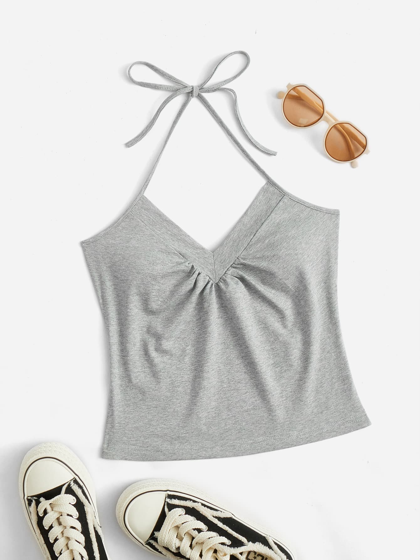 SHEIN EZwear Top halter unicolor fruncido - Gris Claro - Ver 1