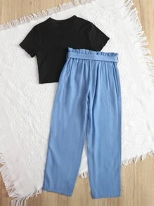 Bộ hai mảnh Gái Xù nhỏ Quần paper-bag Khối Màu Giải trí - Nhiều màu - Xem 2