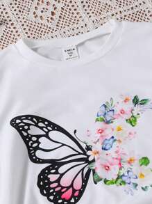 SHEIN Chicas con estampado floral con mariposa Camiseta & con botón delantero Falda