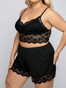 Plus Lace Cami Top & Shorts PJ Set - Black - View 3