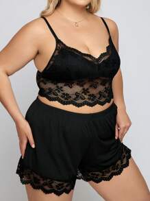 Plus Lace Cami Top & Shorts PJ Set - Black - View 4