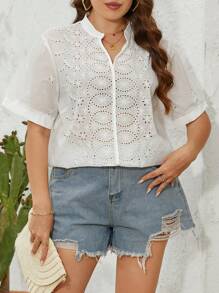 SHEIN Unity Plus Eyelet Embroidery Notched Neckline Blouse - White - View 1