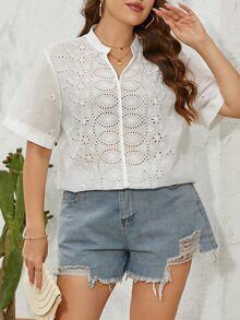 SHEIN Unity Plus Eyelet Embroidery Notched Neckline Blouse - White - View 6