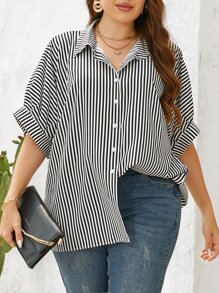 SHEIN Essnce 条纹印花蝙蝠袖衬衫，夏季