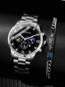 YOLAKO1 1pc Men Silver Zinc Alloy Strap Glamorous Rhinestone Decor Round Dial Quartz Watch & 1pc Letter Graphic Bracelet, For Daily Decoration - Black - View 1