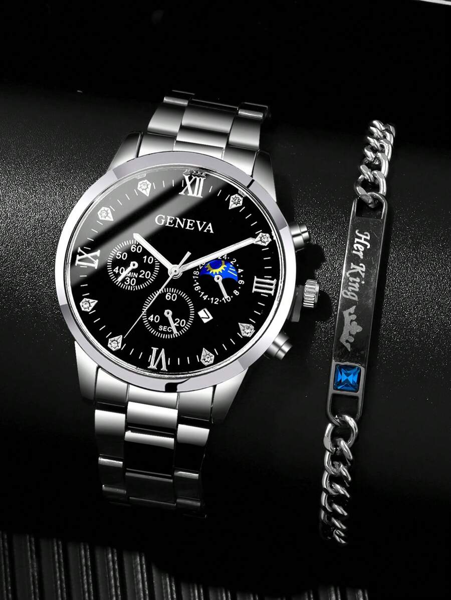 YOLAKO1 1pc Men Silver Zinc Alloy Strap Glamorous Rhinestone Decor Round Dial Quartz Watch & 1pc Letter Graphic Bracelet, For Daily Decoration - Black - View 1