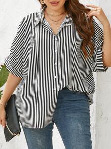 SHEIN Essnce 条纹印花蝙蝠袖衬衫，夏季