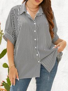 SHEIN Essnce 条纹印花蝙蝠袖衬衫，夏季