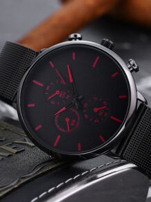 Đồng hồ thạch anh tròn có dây đeo lưới cho nam - màu đen - Xem 4