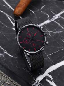 Đồng hồ thạch anh tròn có dây đeo lưới cho nam - màu đen - Xem 6