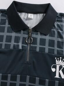 Manfinity Áo thun có cổ Nam Dây kéo Sọc ca rô Giải trí - màu đen - Xem 3