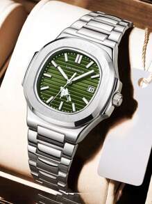 FENSIR 1pc Men Silver Stainless Steel Strap Business Date Tourbillon Round Dial Mechanical Watch, For Daily Decoration - Silver - View 3