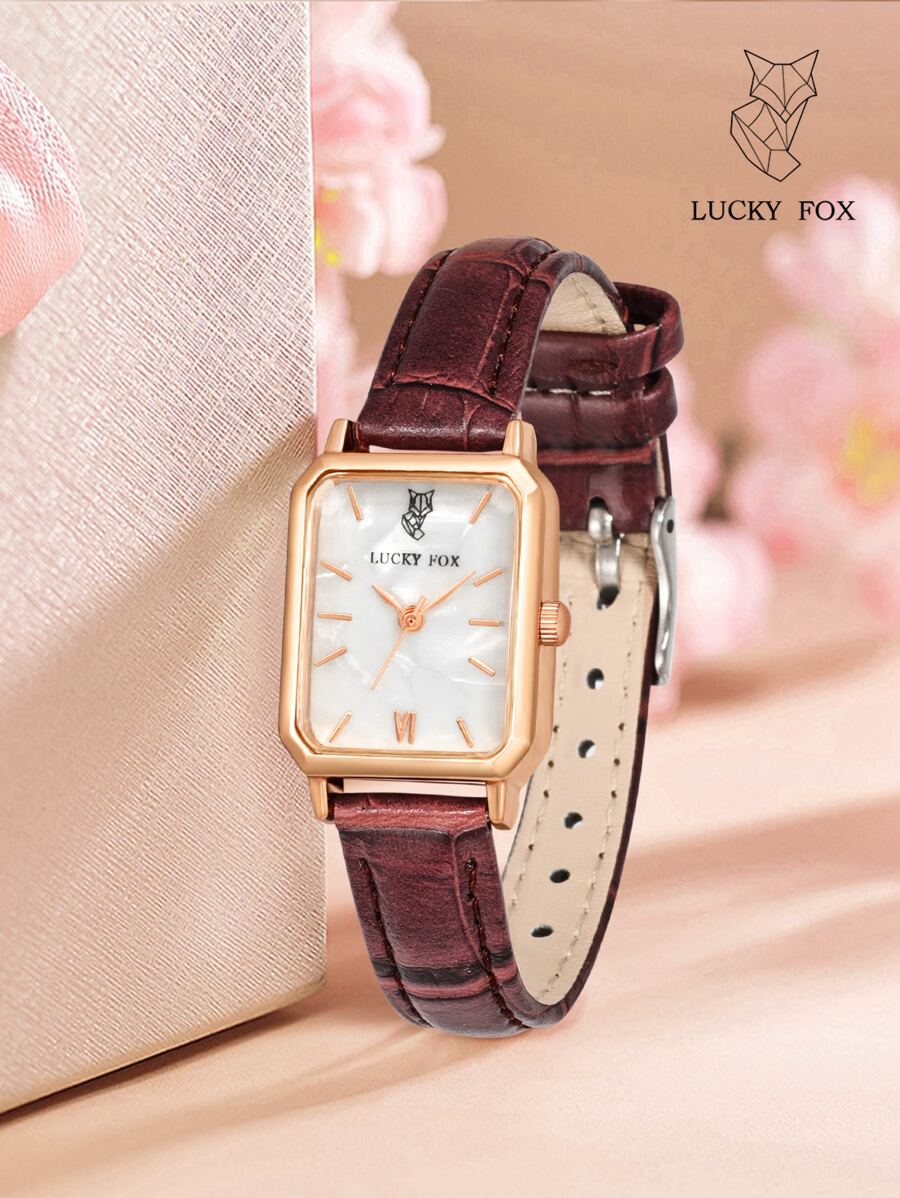 LUCKYFOX 1 chiếc Đồng hồ thạch anh mặt số hình chữ nhật bằng da cá sấu màu nâu dập nổi bằng PU, dùng làm quà tặng cho cuộc sống hàng ngày cho học sinh đi học trở lại - màu nâu - Xem 1