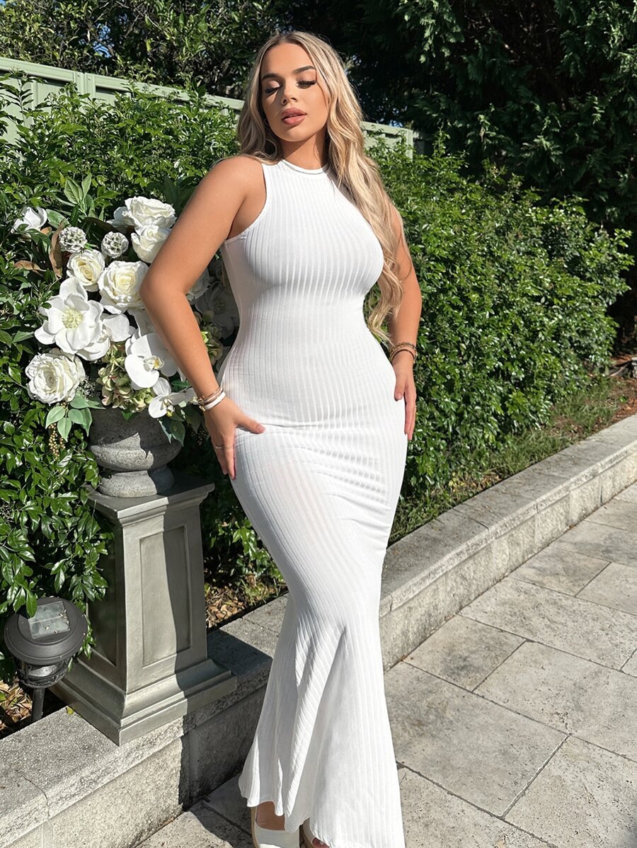 SHEIN SXY 素色魚尾裙下擺背心連衣裙 - 白色 - 查看 1