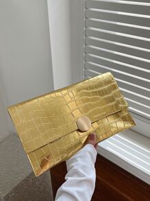 Crocodile Embossed Envelope Bag Flap Metallic PU Funky - Gold - View 2