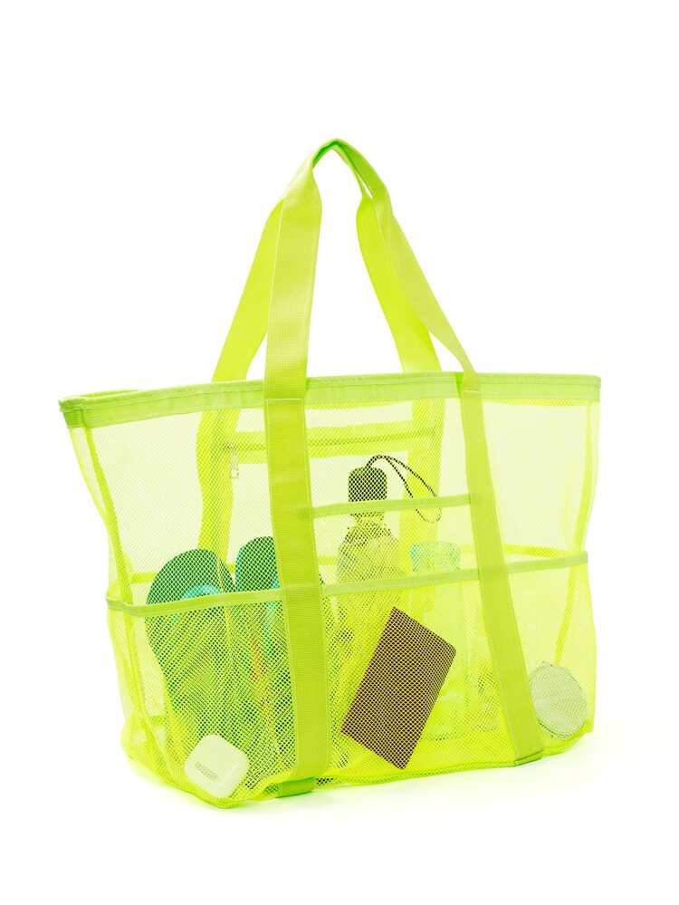 Neon-Yellow Shopper Bag Mesh Double Handle For Daily Beach Bag School Tote Bag,School Bookbag,Portable,Foldable,Business Casual, Suitable For Teen Girls Women College Students,Teacher,Rookies & White-Collar WorkersCollege,Vacation,Beach,Holiday,Shopping