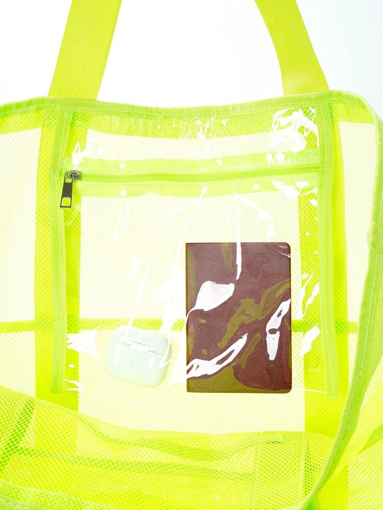 Neon-Yellow Shopper Bag Mesh Double Handle For Daily Beach Bag School Tote Bag,School Bookbag,Portable,Foldable,Business Casual, Suitable For Teen Girls Women College Students,Teacher,Rookies & White-Collar WorkersCollege,Vacation,Beach,Holiday,Shopping