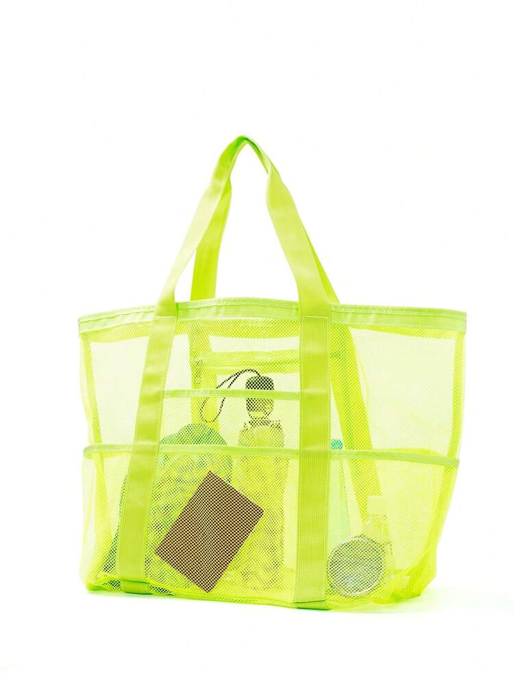 Neon-Yellow Shopper Bag Mesh Double Handle For Daily Beach Bag School Tote Bag,School Bookbag,Portable,Foldable,Business Casual, Suitable For Teen Girls Women College Students,Teacher,Rookies & White-Collar WorkersCollege,Vacation,Beach,Holiday,Shopping