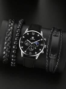 SHAARMS 1 Miếng Đen PU Polyurethane Dây đeo Duyên dáng Ngày Đồ trang trí Rhinestone Tròn Quay số đồng hồ Quartz & 3pcs Vòng tay , Đối với Cuộc sống hàng ngày - màu đen - Xem 1