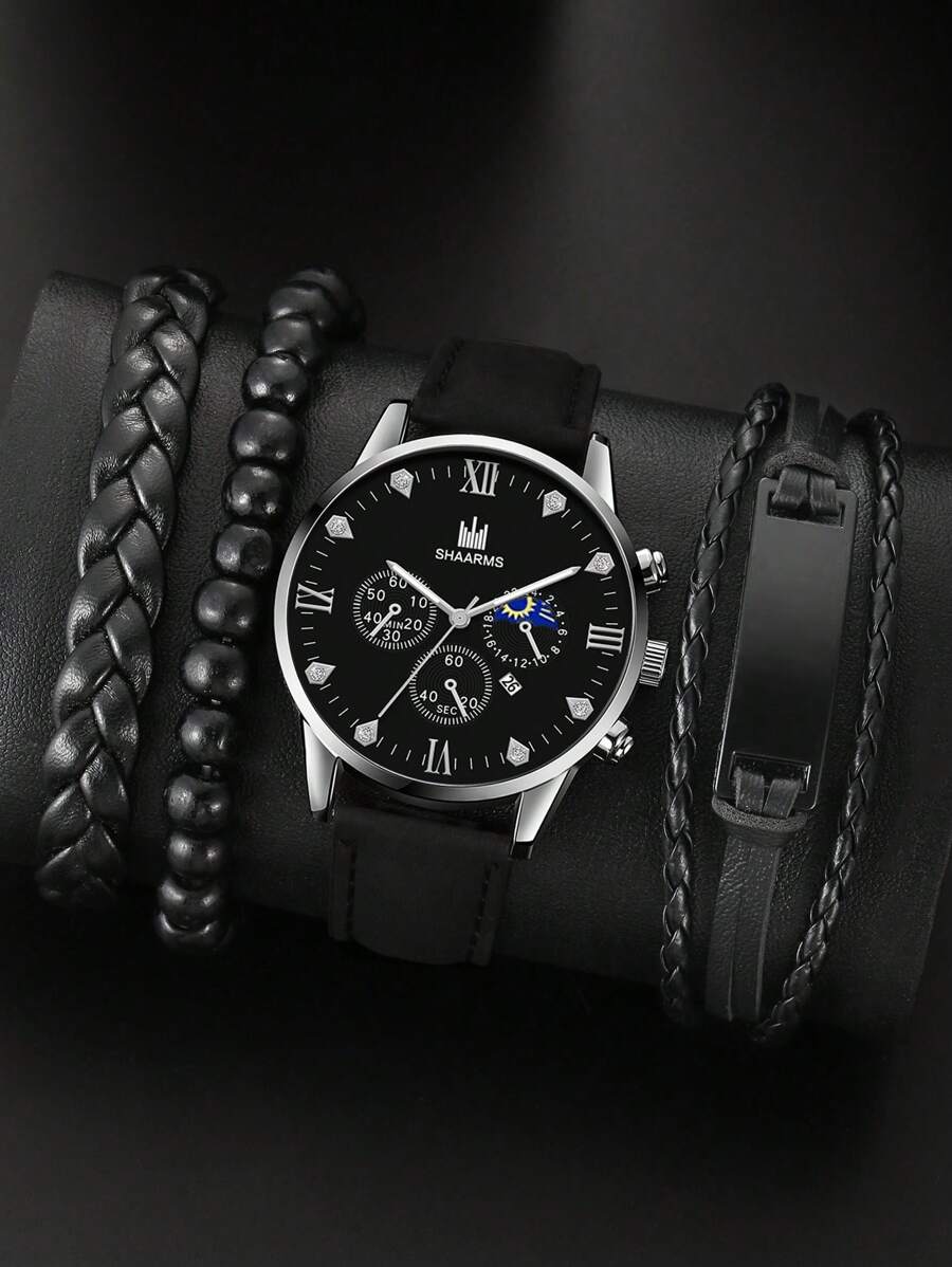 SHAARMS 1 Miếng Đen PU Polyurethane Dây đeo Duyên dáng Ngày Đồ trang trí Rhinestone Tròn Quay số đồng hồ Quartz & 3pcs Vòng tay , Đối với Cuộc sống hàng ngày - màu đen - Xem 1