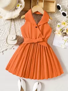 SHEIN Young Girl Pleated Hem Belted Halter Dress - Orange - View 1