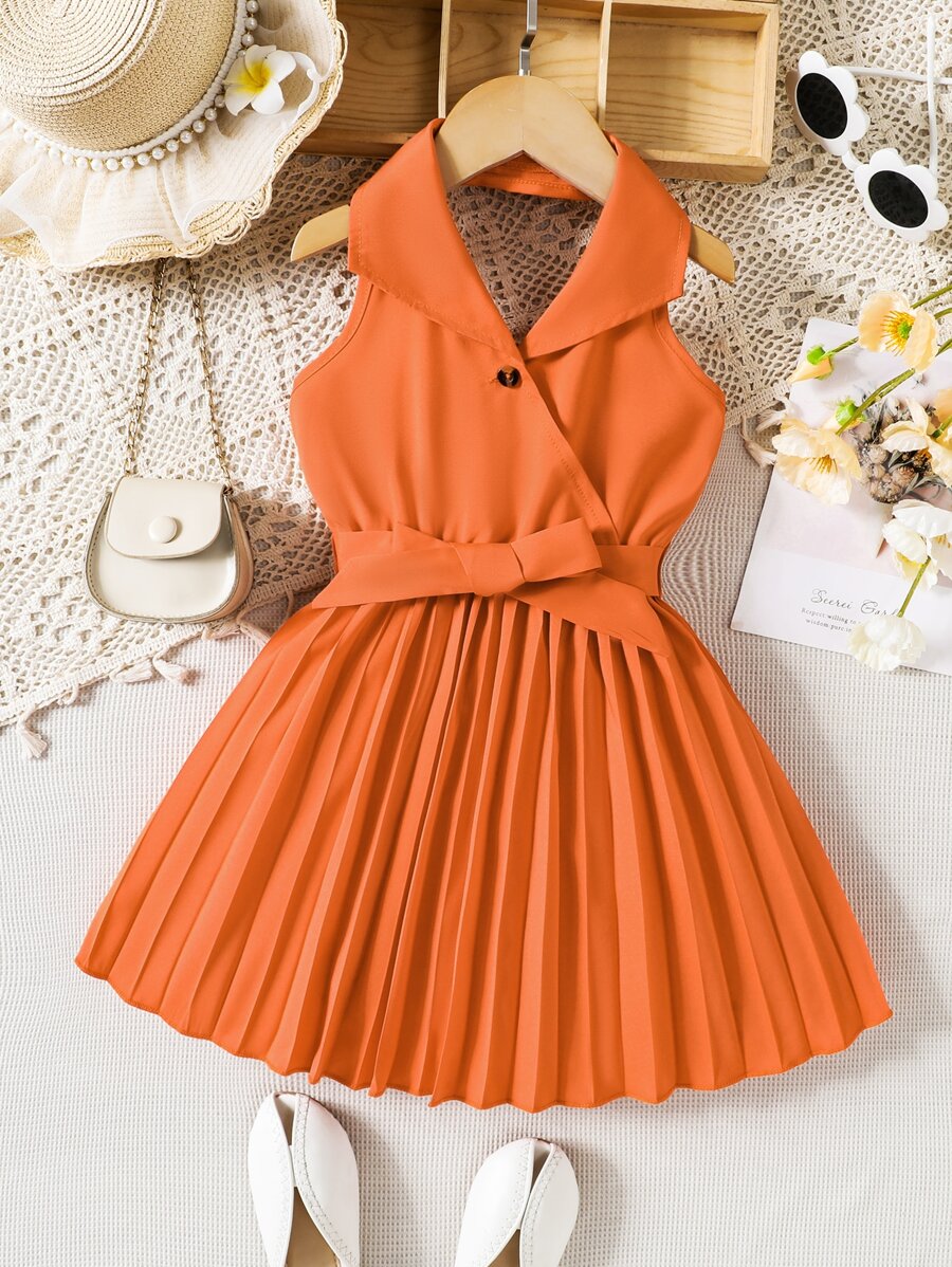 SHEIN Young Girl Pleated Hem Belted Halter Dress - Orange - View 1