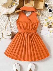 SHEIN Young Girl Pleated Hem Belted Halter Dress - Orange - View 2