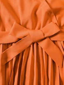 SHEIN Young Girl Pleated Hem Belted Halter Dress - Orange - View 4
