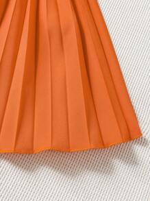 SHEIN Young Girl Pleated Hem Belted Halter Dress - Orange - View 5