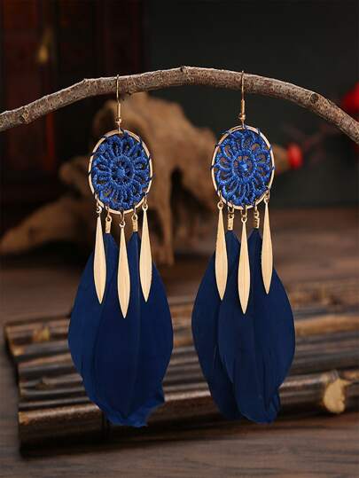 עגילי נוצת לוכד חלומות קלים וארוגים בעבודת יד לנשים, עגילי ספיר כחולים עם ציצית