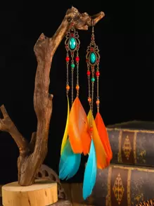 Feather Drop Earrings - Multicolor - View 1