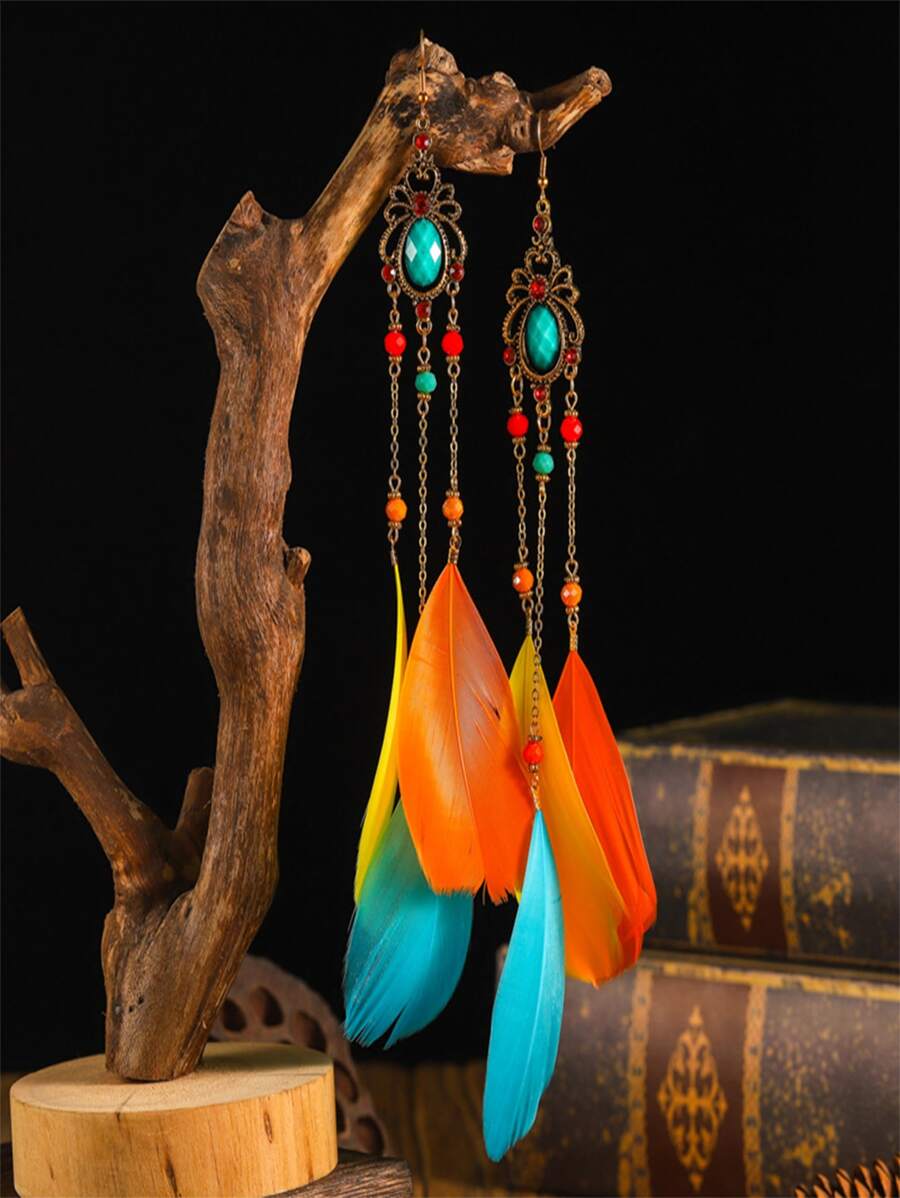 Feather Drop Earrings - Multicolor - View 1