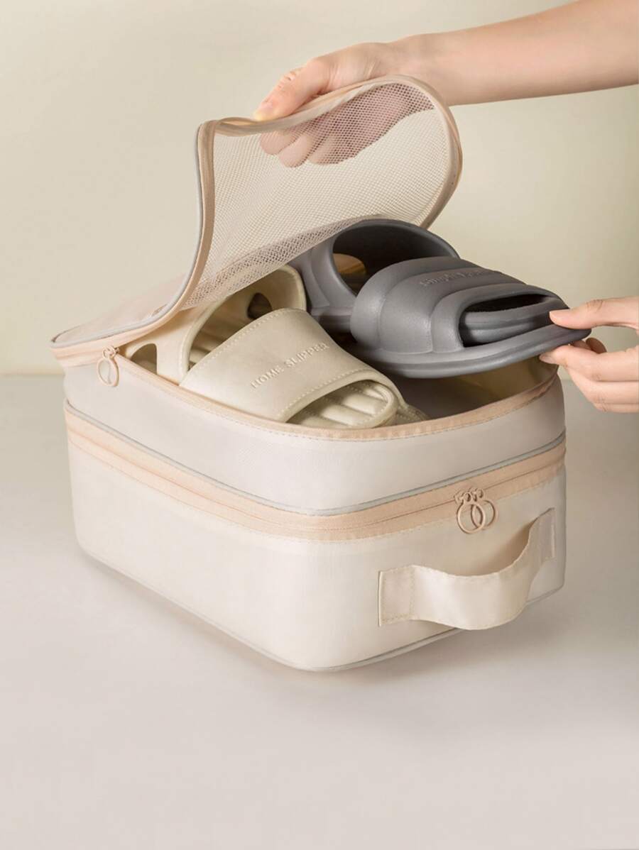 簡約便攜式三位置鞋子收納袋讓您鞋子在旅行時井井有條並受到保護防水旅行學習用品學校用品學校用品學生鞋配件鞋盒鞋收納盒鞋包房間用品 - 米色 - 查看 1