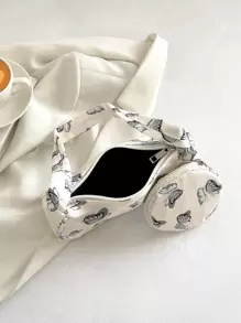 时尚、简约、休闲、蝴蝶图案流浪包米色时尚顶部手柄配零钱包，女士通勤包配硬币包，时尚蝴蝶包 - 米色 - 查看 4