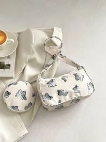 时尚、简约、休闲、蝴蝶图案流浪包米色时尚顶部手柄配零钱包，女士通勤包配硬币包，时尚蝴蝶包 - 米色 - 查看 6