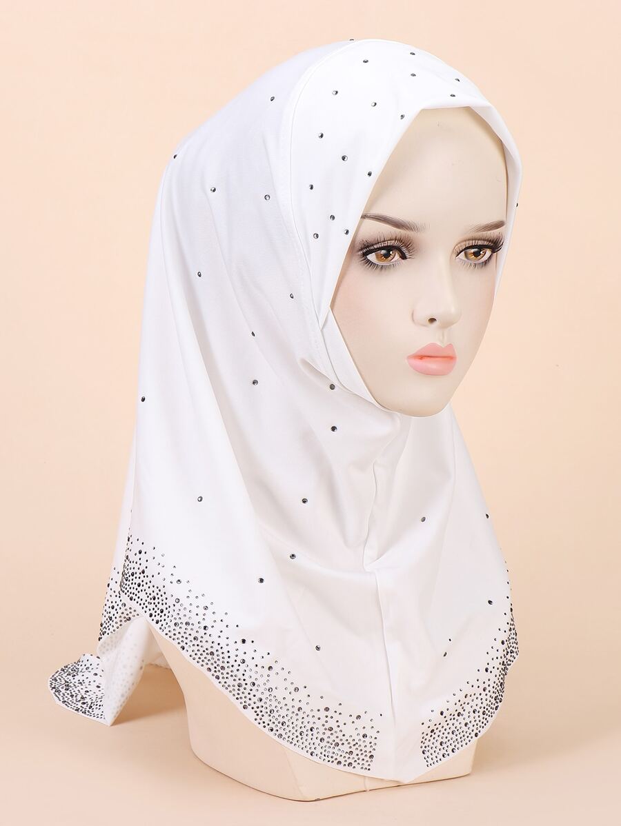 Mujer 1 pieza Hijab con diseño de diamante de imitación atractivo para diariamente - Blanco - Ver 1